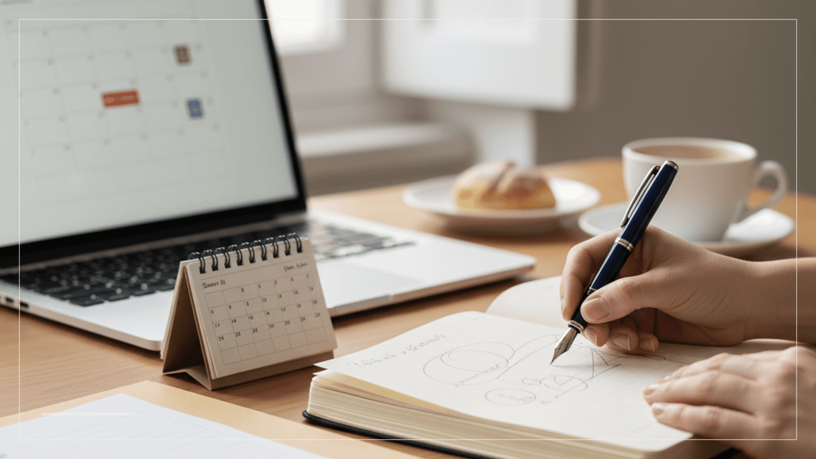 Persoon plant Portugese administratiestappen rond NIF, bankrekening en vervolgregistraties aan een rustige werktafel.