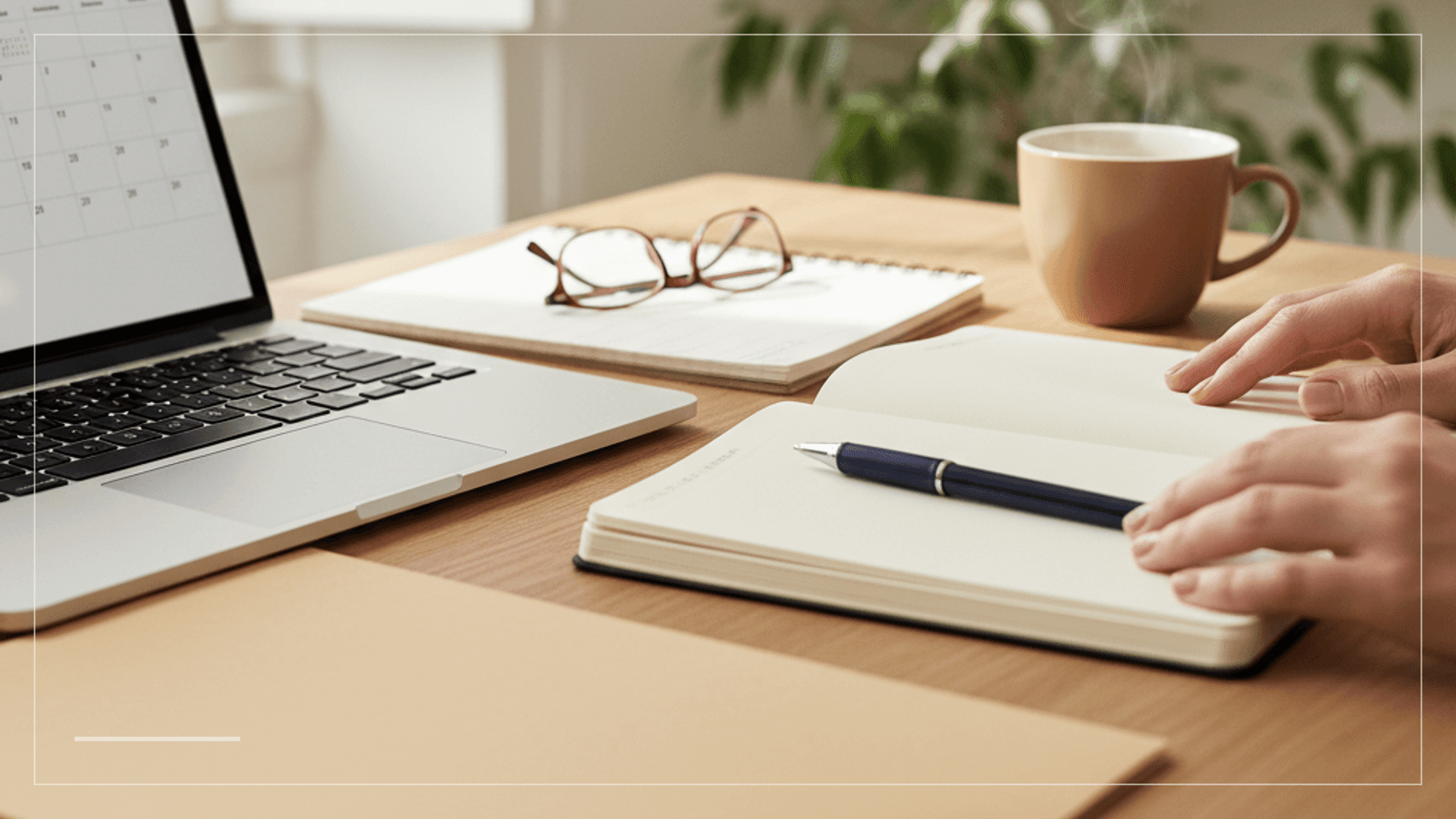 Rustige werktafel met laptop, notebook en bank- en adminfolder voor planning van NIF en bankrekening in Portugal.