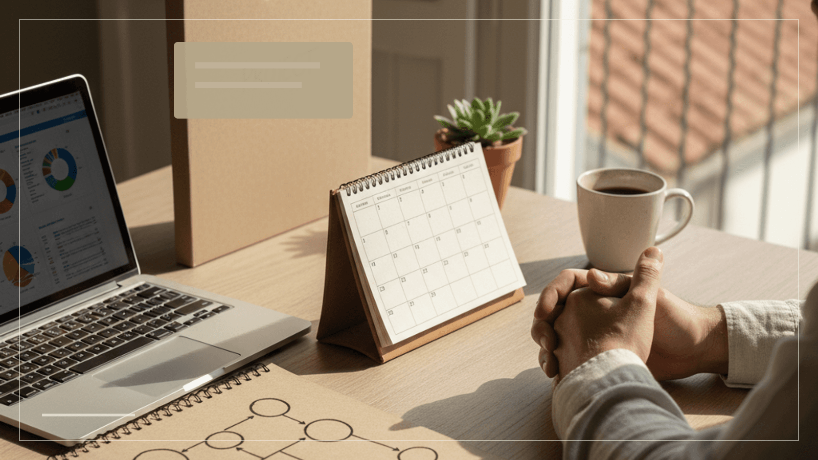 Verhuisfolder, laptop en onleesbare identiteitsdocumenten op tafel voor voorbereiding van een NIF-aanvraag zonder Portugees adres.