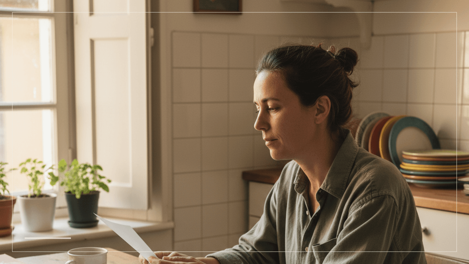 Persoon bekijkt thuis documenten en notities ter voorbereiding op een Portugese CRUE-stap.